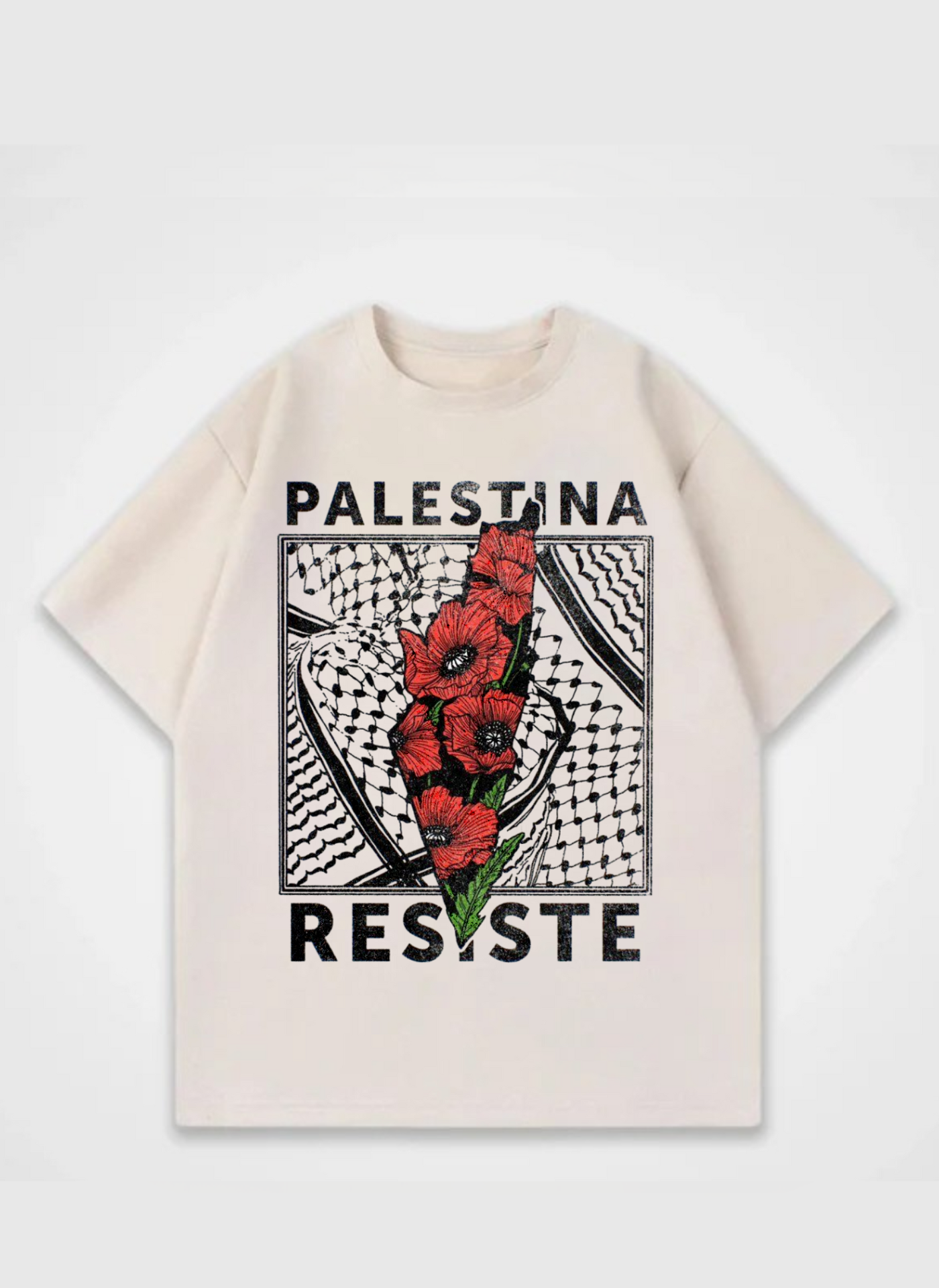 Palestina Resiste T-shirt featuring red poppy flowers and traditional keffiyeh pattern – powerful pro-peace streetwear design by Peacemaker