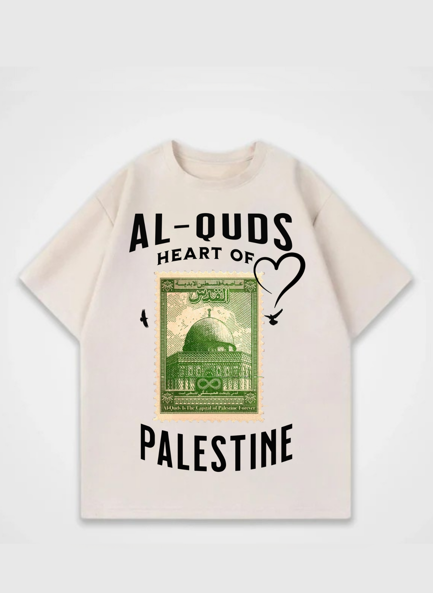 Al-Quds Heart of Palestine T-shirt featuring green vintage stamp design with Dome of the Rock and peace doves – symbolic streetwear by Peacemaker.