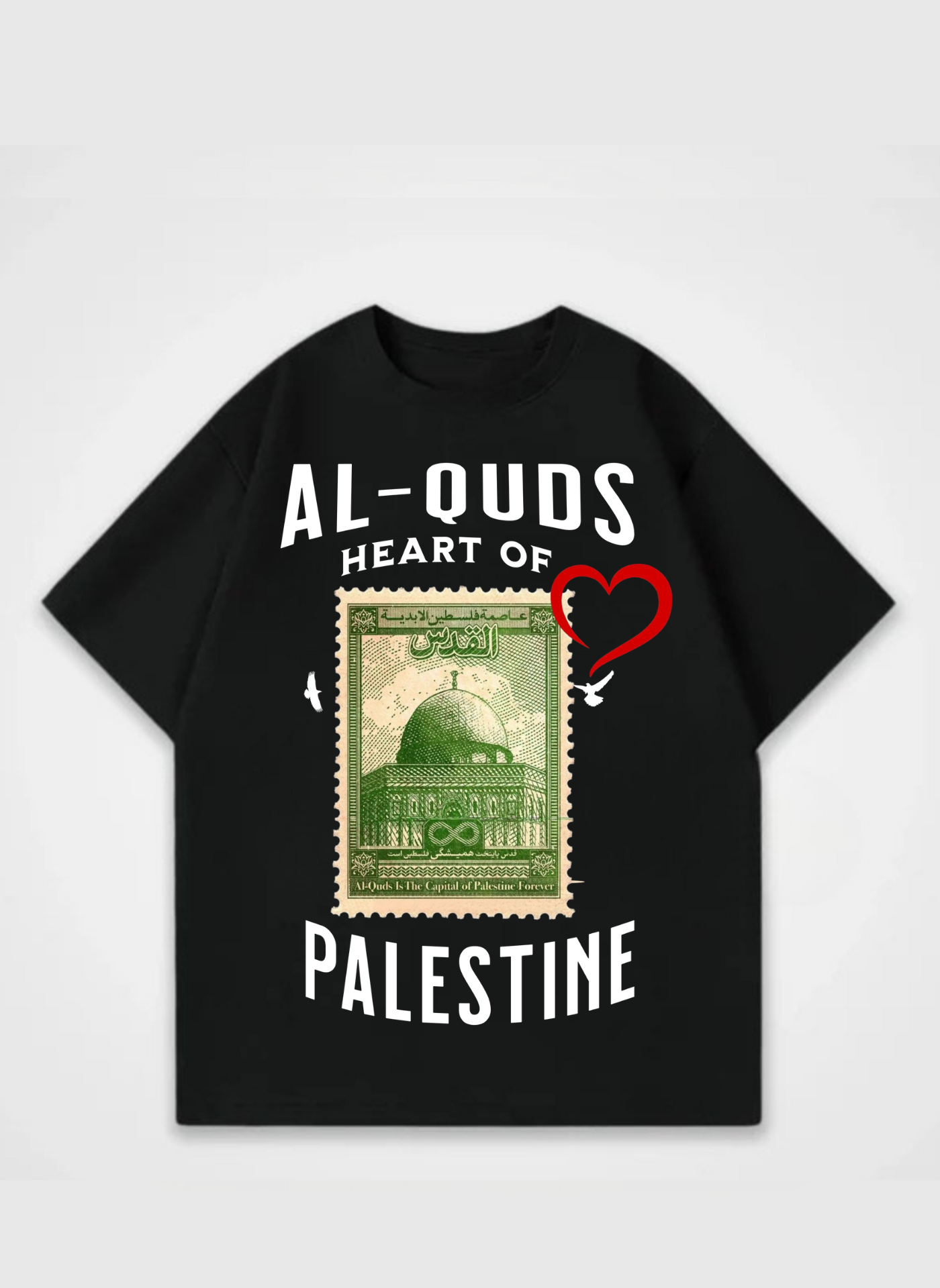 Al-Quds Heart of Palestine T-shirt featuring green vintage stamp design with Dome of the Rock and peace doves – symbolic streetwear by Peacemaker.