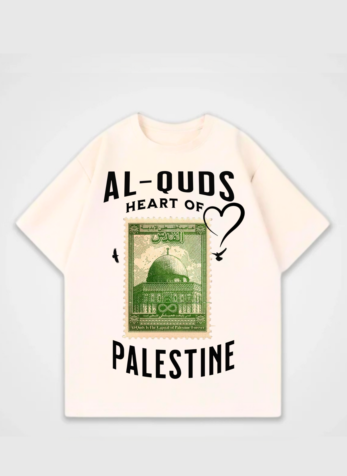 Al-Quds Heart of Palestine T-shirt featuring green vintage stamp design with Dome of the Rock and peace doves – symbolic streetwear by Peacemaker.