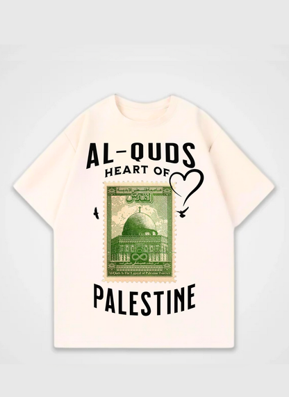 Al-Quds Heart of Palestine T-shirt featuring green vintage stamp design with Dome of the Rock and peace doves – symbolic streetwear by Peacemaker.