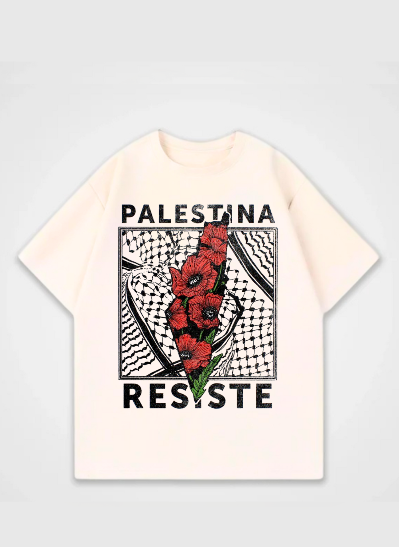 Palestina Resiste T-shirt featuring red poppy flowers and traditional keffiyeh pattern – powerful pro-peace streetwear design by Peacemaker
