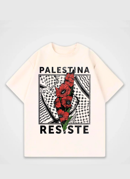 Palestina Resiste T-shirt featuring red poppy flowers and traditional keffiyeh pattern – powerful pro-peace streetwear design by Peacemaker