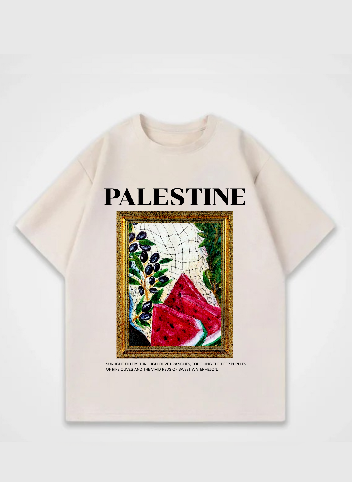 Palestine T-shirt featuring framed artwork with watermelon, olives, and keffiyeh pattern – symbolic streetwear design by Peacemaker promoting peace and freedom