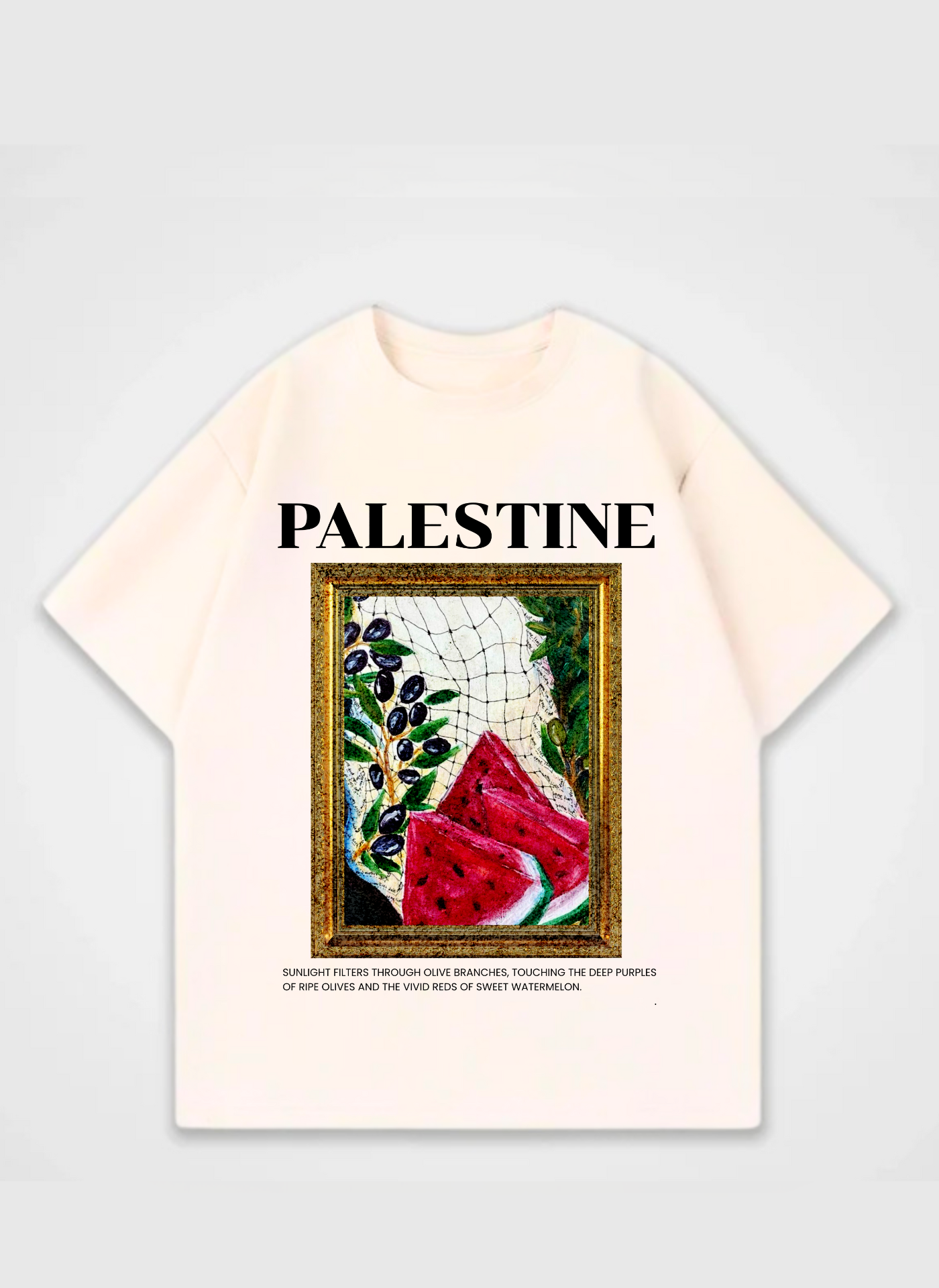 Palestine T-shirt featuring framed artwork with watermelon, olives, and keffiyeh pattern – symbolic streetwear design by Peacemaker promoting peace and freedom
